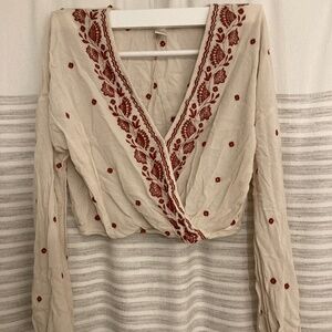 Forever 21 Cream & Red Embroidered Crop Top Long Sleeve Small